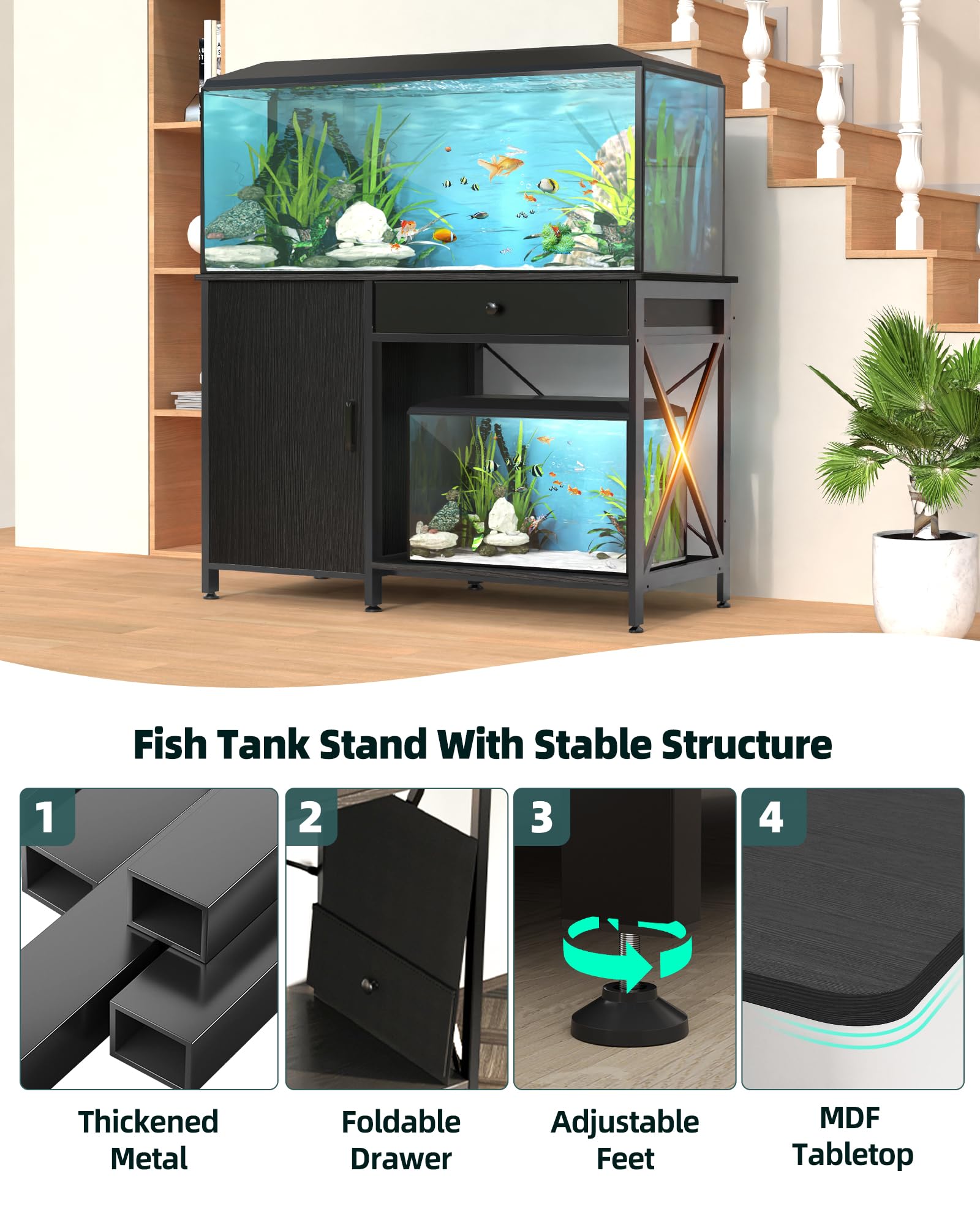 FILKO Fish Tank Stand for 40-50 Gallon Fish Tank: Aquarium Stand with Power Outlet - Metal 40 Gallon Tank Stand with Cabinet Dra